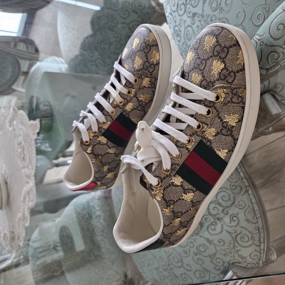 Gucci Women's Patterned Sneakers - Gold and Green - Picture 2 of 7